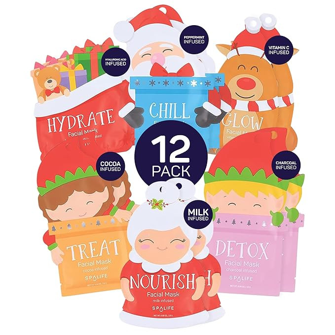 SpaLife Santa's Squad Hydrating Facial Masks - 12 Pack for Moisturizing and Soothing Beauty - Ski... | Amazon (US)