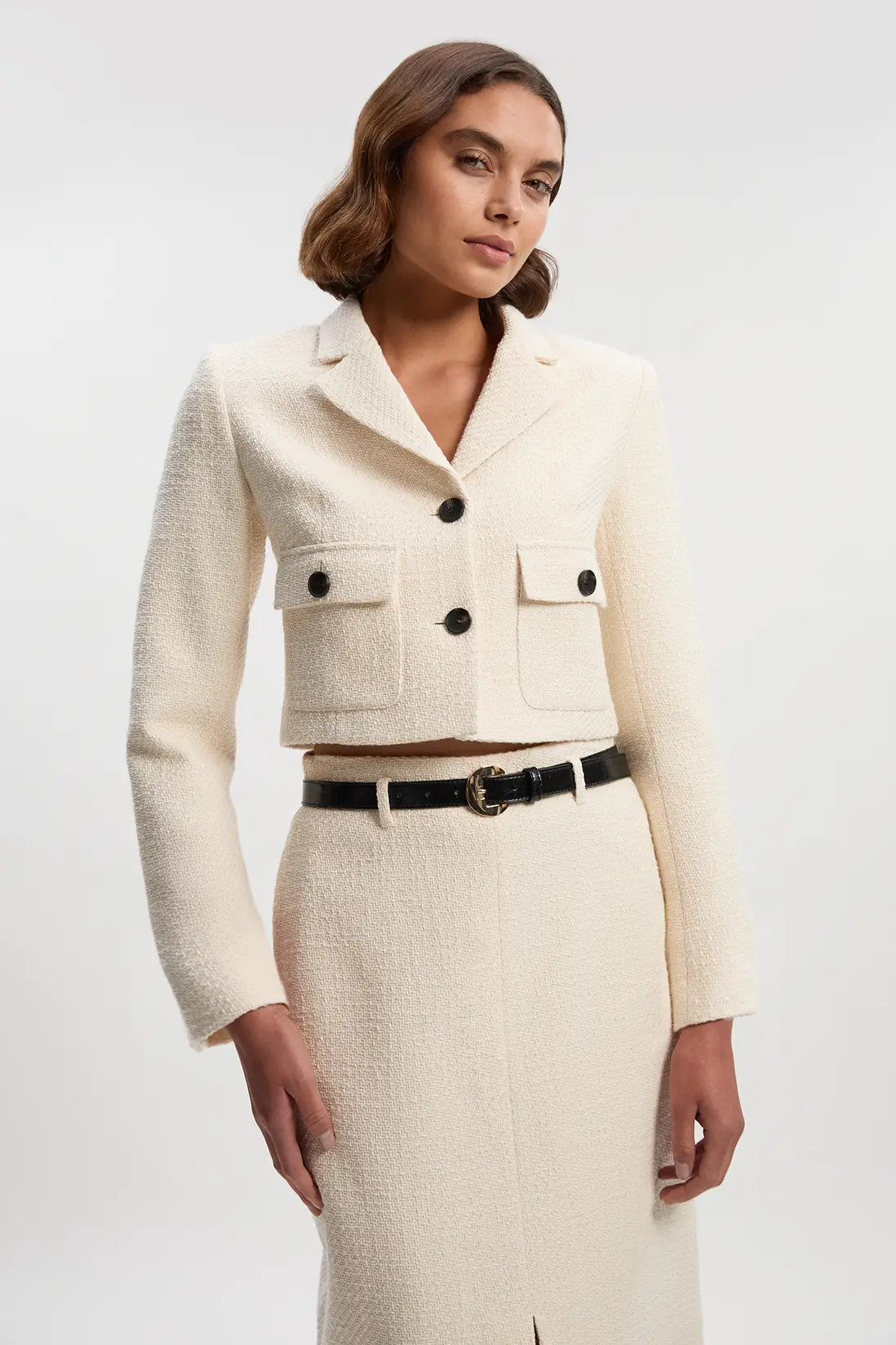 Textured Tweed Pocket Front Tailored Cropped Jacket | Karen Millen