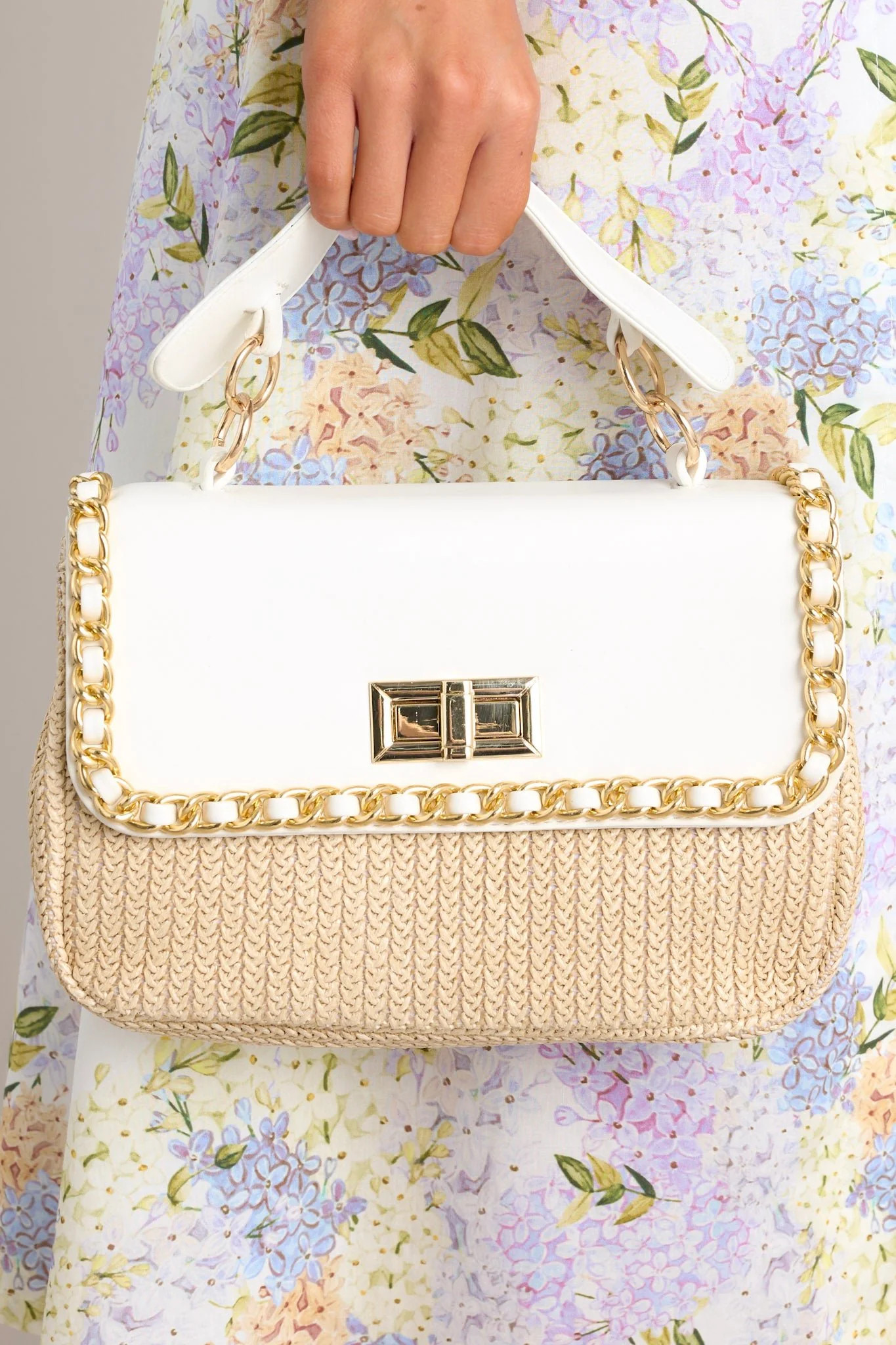 Expressive Echoes White Rattan Handbag | Red Dress