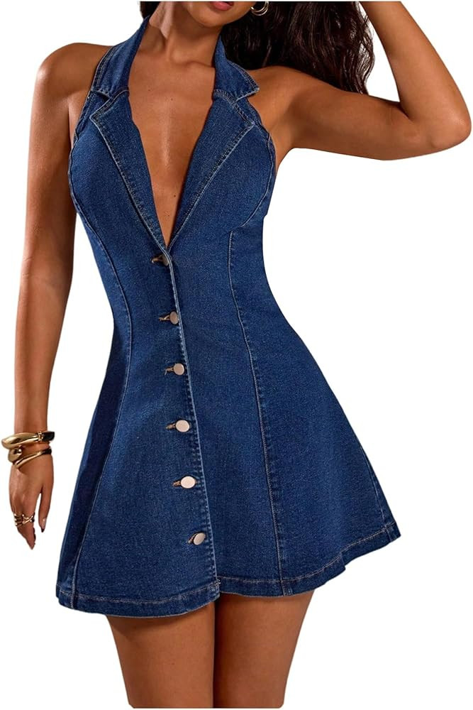 WDIRARA Women's V Neck Halter Denim Dress Button Front Sleeveless Backless A Line Short Dresses | Amazon (US)