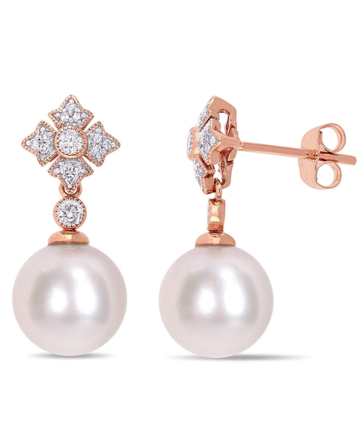 Cultured Freshwater Pearl (9-1/2mm) & Diamond (1/5 ct. t.w.) Drop Earrings in 10k Rose Gold | Macys (US)