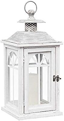 Antique White Wood Lantern with Gray Metal Top and Glass Panes and Door | Works as Rustic Home De... | Amazon (US)