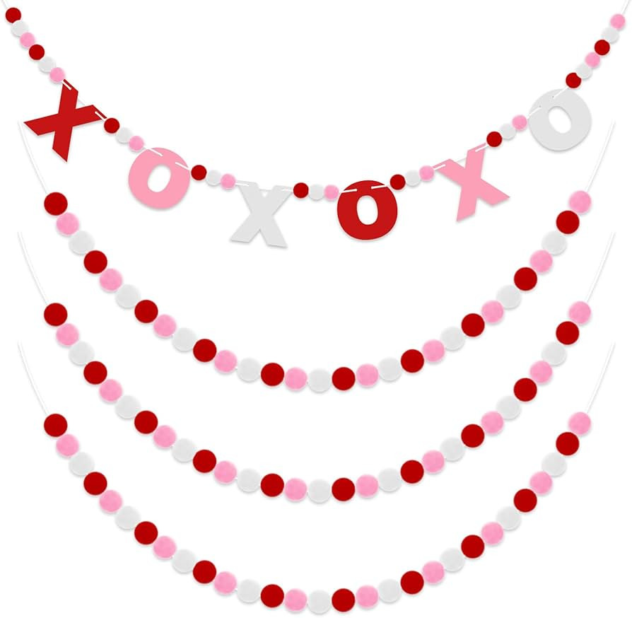 4Pcs Valentine's Day Felt Ball Garland, 39ft Red Pink White Pom Pom Garland Banner for Mantle Fir... | Amazon (US)