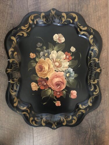 Lg. Hand Painted Yellow Ivory- Peach Roses  Vintage Black Tole Tray Chippendale  | eBay | eBay US