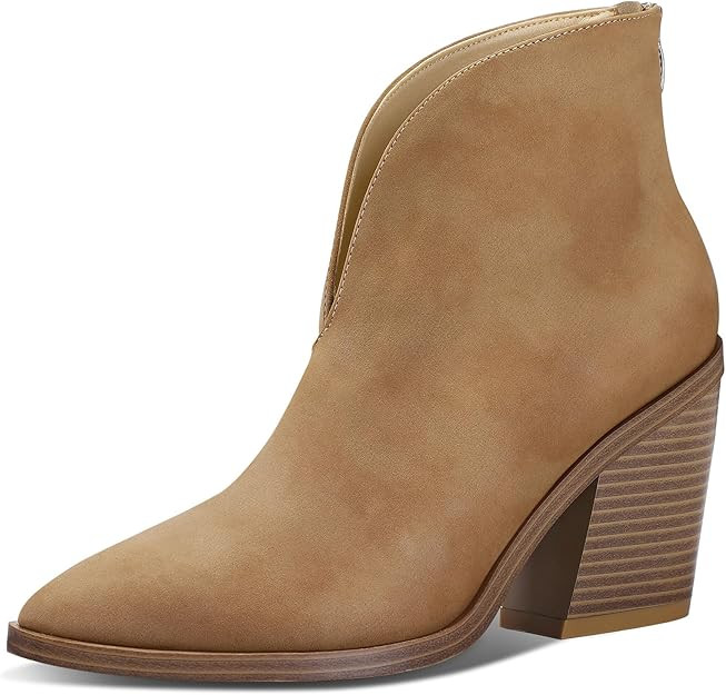 mysoft Women's V Cut Out Ankle Boots Slip On Pointed Toe Chunky Stacked Heel Booties | Amazon (US)