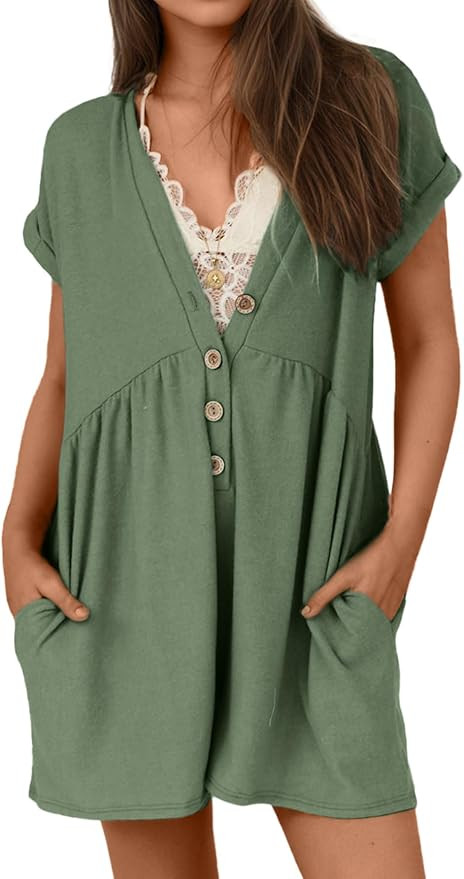Glamaker Women's Summer Short Sleeve Romper Casual V Neck Wide Leg Short Jumpsuit Button Beach Ro... | Amazon (US)