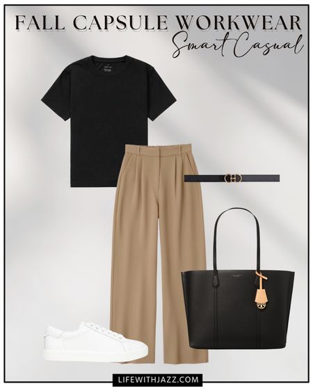 Fall capsule workwear outfit inspo 

Smart casual / workwear / office outfit / crew neck tee / tailored pant / trousers / belt / sneakers / tote bag / everlane / Abercrombie / Sam Edelman / Tory Burch 

#LTKworkwear #LTKstyletip