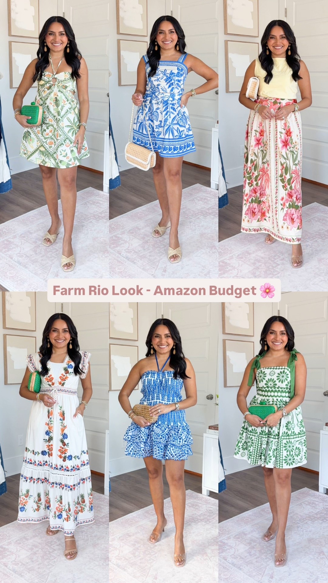 Amazon pieces that look like Farm Rio!
For reference: I’m 5’0, 32b bra size, and 2/26 in bottoms, pear shaped. 
*Everything I share is unaltered! TTS means true to size. Between size 5-6.5 in shoes

Wearing the smallest size available in all Amazon pieces! Size xs/s TTS
Yellow top size xs TTS 
For the blue set - I used the Stitchy to shorten the straps
All sandals size 5 TTS



#LTKTravel #LTKgrwm #LTKPetite