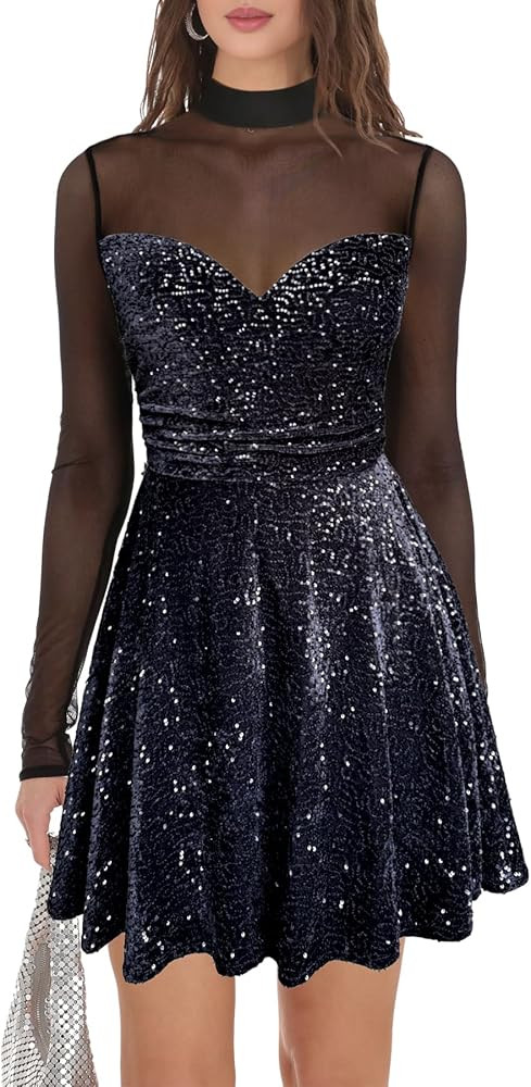 Lrady Womens Square Neck Bodice Dress Long Sleeve Flare A Line Club Party Mini Ruffle Swing Short... | Amazon (US)