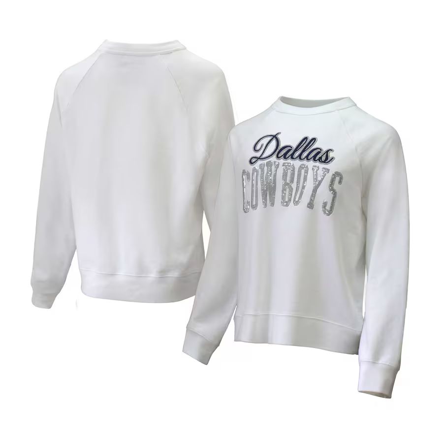 Women's Dallas Cowboys Lauren James White Crew Neck Raglan Pullover Sweatshirt | NFL Shop