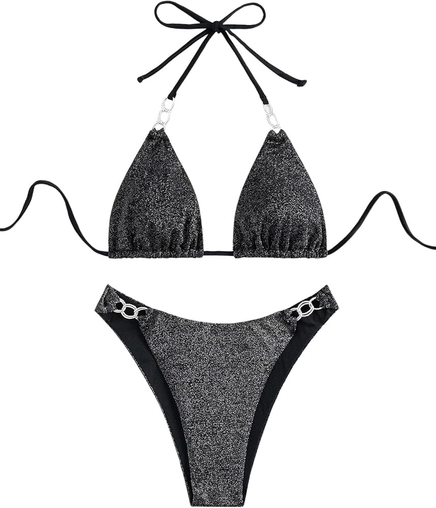 SweatyRocks Women's Sequin 2 Piece Swimsuit Halter Triangle Bikini Tie Side Bathing Suit | Amazon (US)