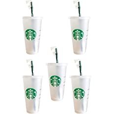 Starbuck 5 Pack Bundle - Reusable Frosted 24 oz Cold Cup with Lid and Green Straw w/Stopper | Amazon (US)