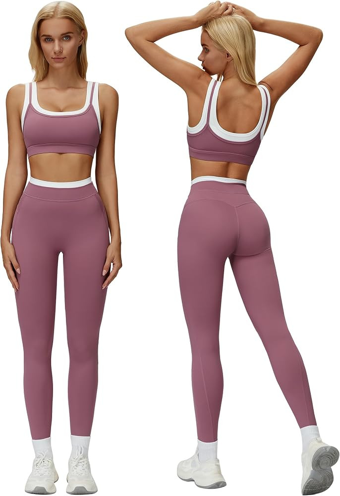 ABOCIW Womens Two Piece Workout Sets Double Layer Sports Bra Matching Tummy Control High Wait Leg... | Amazon (US)