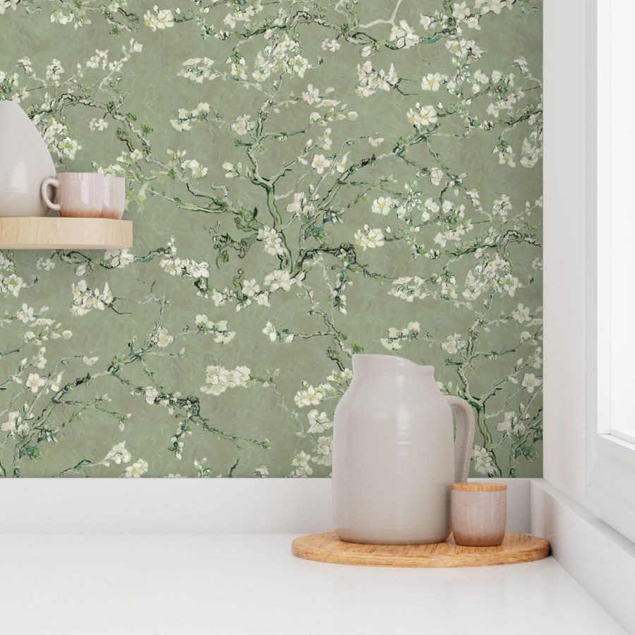 Vincent Van Gogh Almond Blossom sage green | Spoonflower