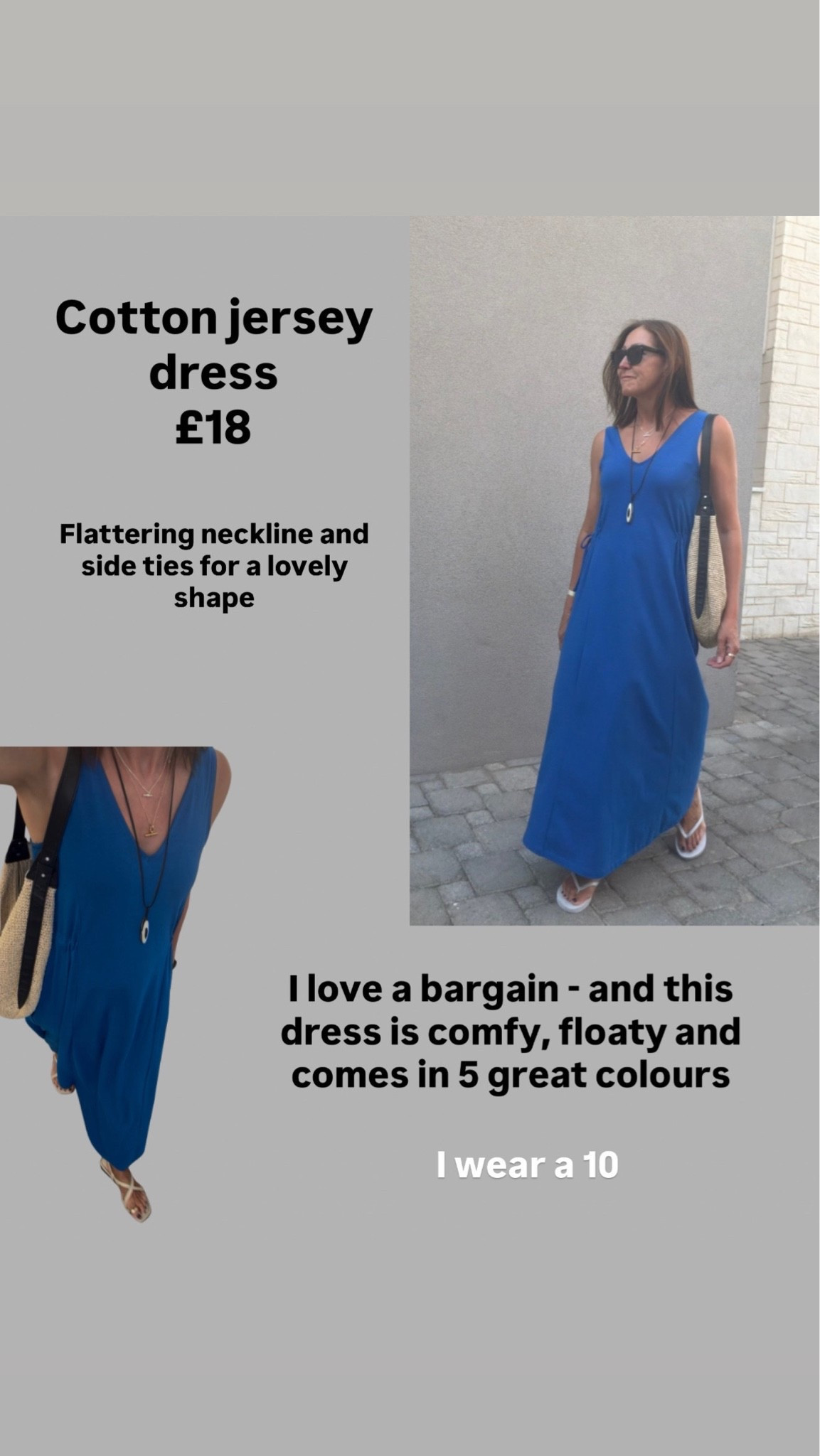 This £18 dress 💙
It’s been so useful this summer. The side ties are great for creating a waist and the neckline is really flattering. Wide straps to hide your bra and it comes in 5 gorgeous colours.