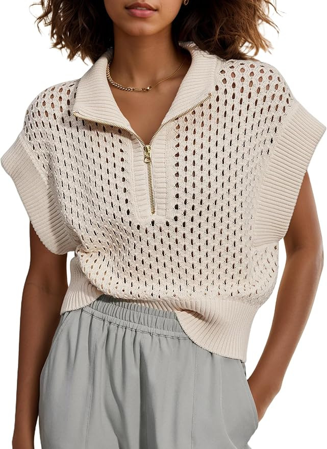 Womens Oversized Crochet Zip Sweater Vest Cap Sleeve Sweater Tops Casual Lapel Collar See Through... | Amazon (US)