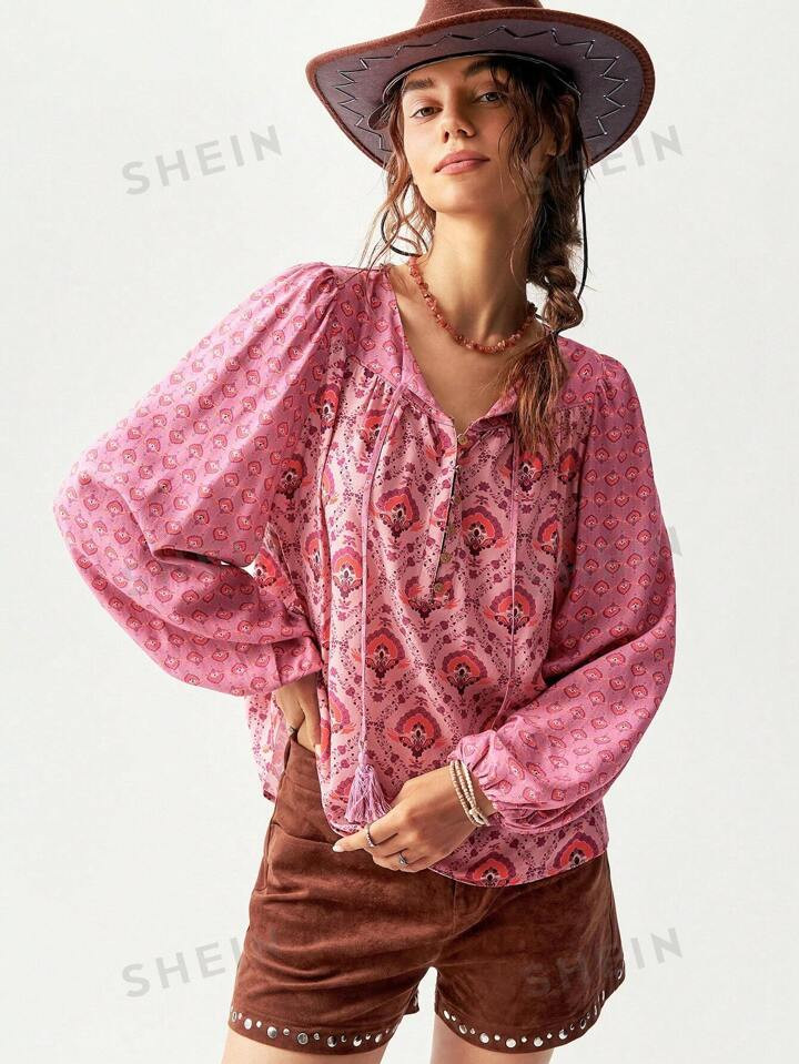 SHEIN BohoFeels Retro Pattern Casual Vacation Boho Blouse For Women | SHEIN