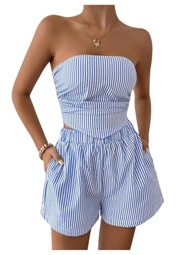 OYOANGLE Women's 2 Piece Striped Print Jumpsuits Asymmetrical Hem Ruched Strapless Tube Top Shorts Set Blue X-Large | Amazon (US)