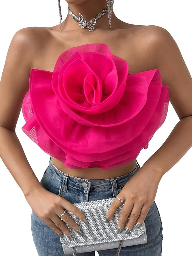 GORGLITTER Women's Flower Front Crop Tube Top Sleeveless Strapless Solid Shirred Tops | Amazon (US)