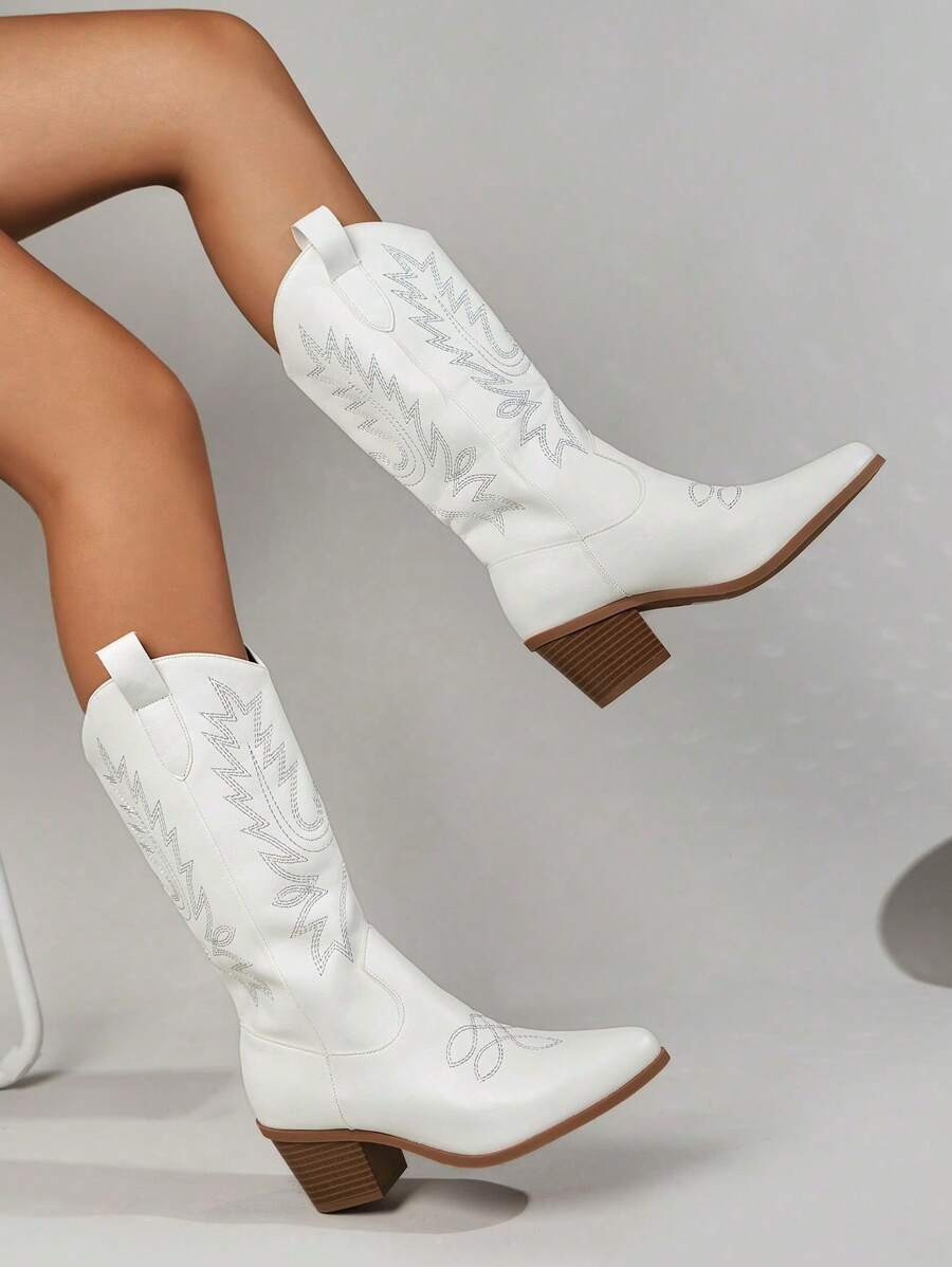 Women's Embroidered Western-Style Chunky Heel V-Neck  Boots | SHEIN