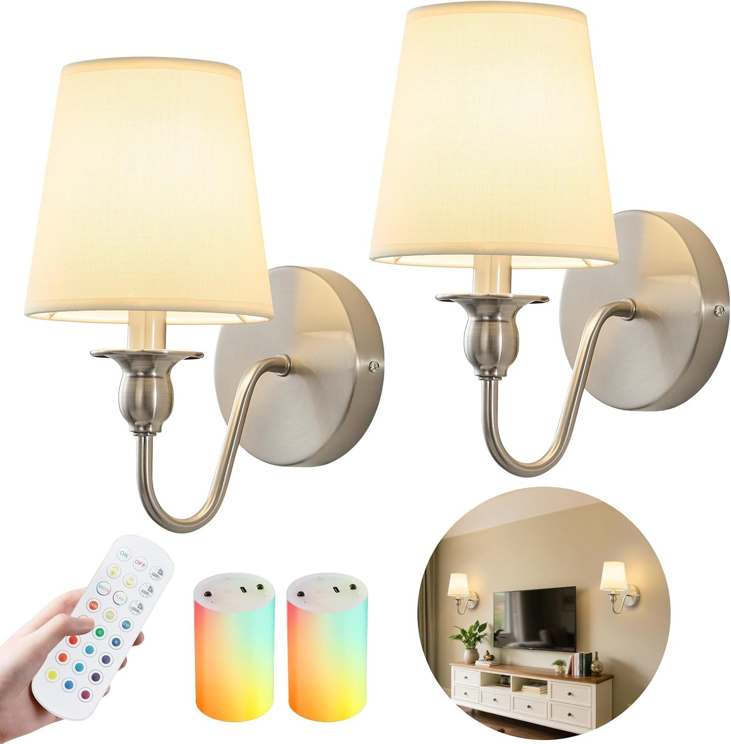 Battery Operated Wall Sconces set of Two,Rechargeable Wall Sconce with 1000mAh Dimmable Bulb and Remote,LED 15 Colors Wireless Battery Powered Wall Sconce with Fabric for Bedroom Living Room (Nickel) | Amazon (US)