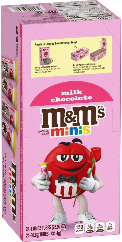 M&M'S Valentine Minis Milk Chocolate Candy, Valentine's Day Candy Gifts Bulk, 1.08 Ounce Tube (Pa... | Amazon (US)