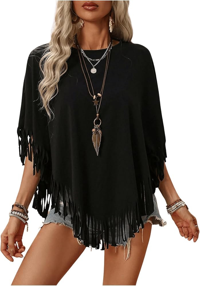 SweatyRocks Women's Half Short Sleeve Fringe Trim Top Round Neck Asymmetrical Hem Loose Tee Shirt... | Amazon (US)