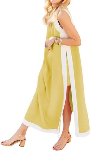 Hooever Women's 2 Piece Sets Boho Color Block Sleeveless Maxi Dress Matching Shorts with Pockets | Amazon (US)