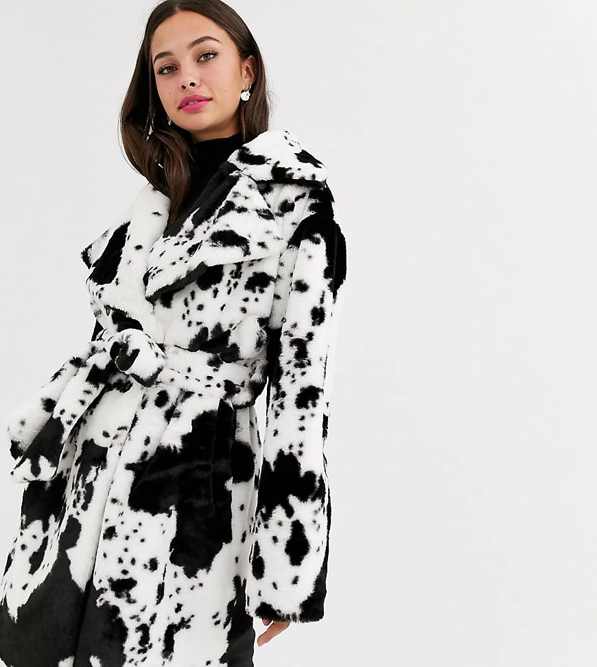 Daisy Street belted coat in cow print faux fur-Black | ASOS (Global)