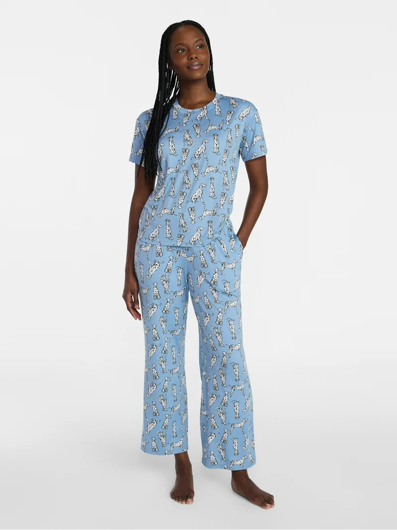 Joyspun Women's Dreamy Soft Collection Short Sleeve Sleep Top and Open Leg Pants Pajama Set, 2-Pi... | Walmart (US)