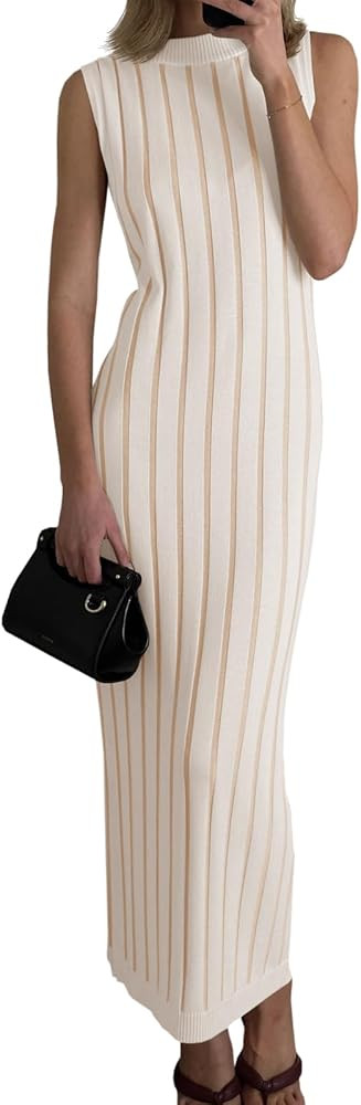 Wenrine Womens Sleeveless Sweater Dress Mock Neck Ribbed Knit Fall Tank Maxi Dresses | Amazon (US)