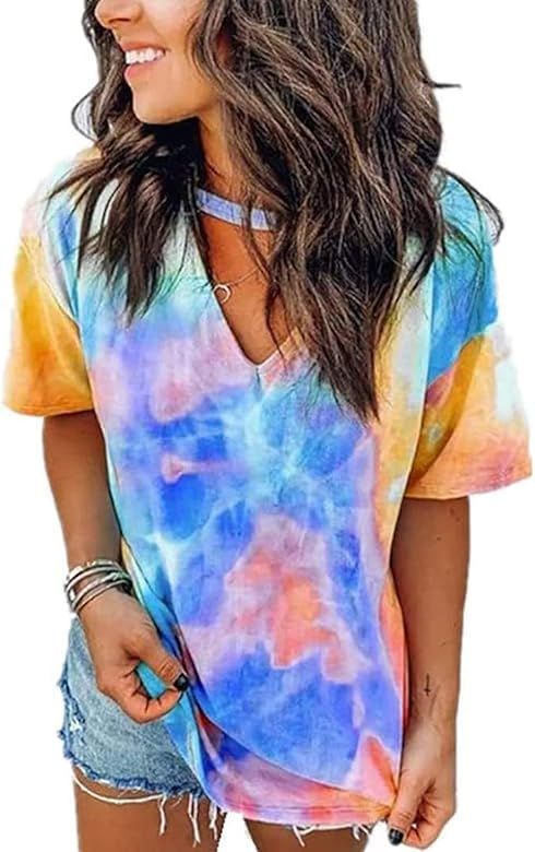 DOSWODE Womens Tie Dye Shirt Short Sleeve Blouses Printed V Neck Tops for Women | Amazon (US)