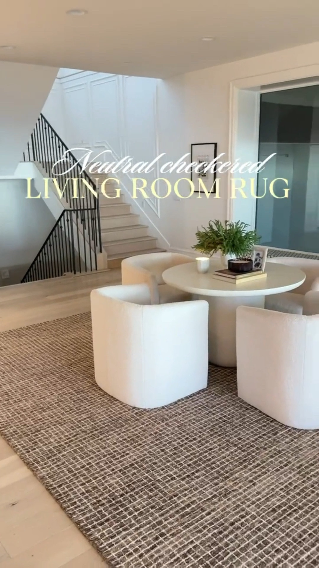 Neutral checkered living room rug from @amazon @amazonhome 
White chairs from @target @targethome
White round table from @cb2

#LTKSeasonal #LTKHome