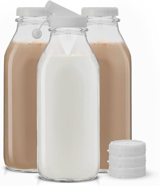 Milk Bottle with Lid AND Pourer Multi-Pack. 32 Oz Reusable Glass Bottles with 6 Lids! Jug Pitcher... | Amazon (US)