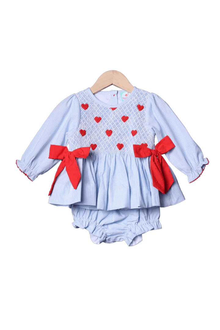 Smocked Heirloom Heart Blue Gingham Bloomer Set | The Smocked Flamingo
