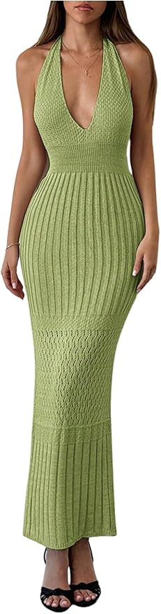 GORGLITTER Women's Crochet Halter Maxi Dress Backless Deep V Neck Bodycon Long Knit Dresses | Amazon (US)