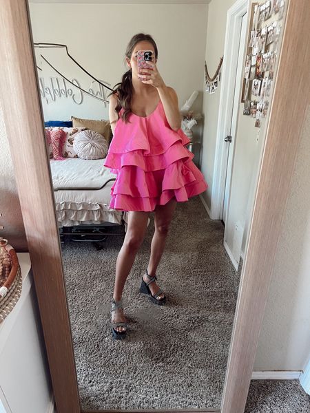 Exaggerated pink ruffle dress paired with sequin block heels 

#LTKFindsUnder50 #LTKParties #LTKStyleTip
