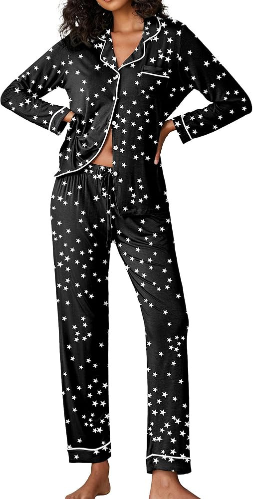 Ekouaer Pajamas Women's Long Sleeve Sleepwear Soft Button Down Loungewear Pjs Lounge Set Nightwea... | Amazon (US)