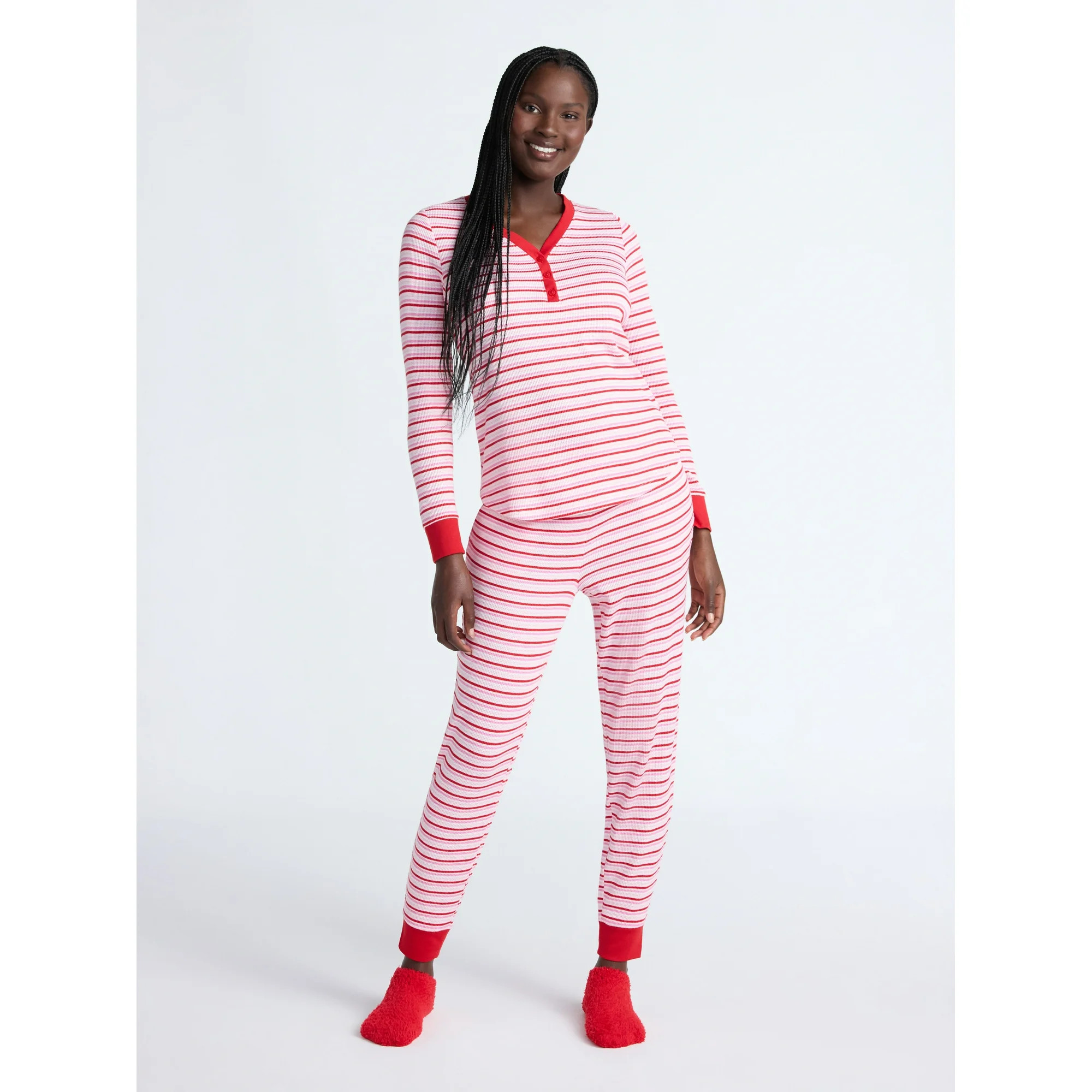 Joyspun Women's Waffle Knit Henley Sleep Top, Joggers and Socks Pajama Set, 3-Piece, Sizes XS-3X | Walmart (US)