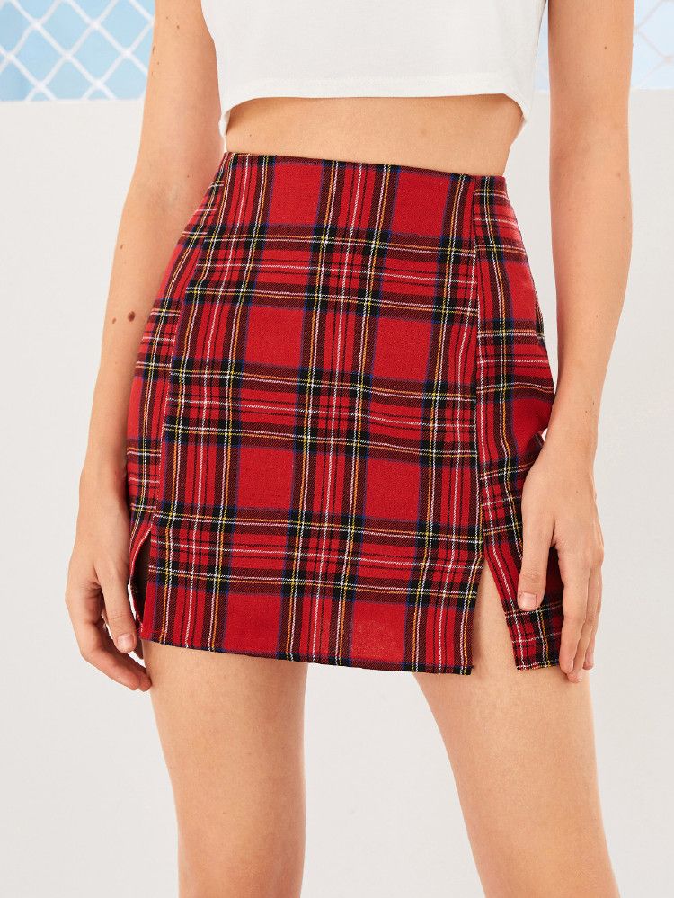 Plaid High-Rise Slit Mini Skirt | SHEIN