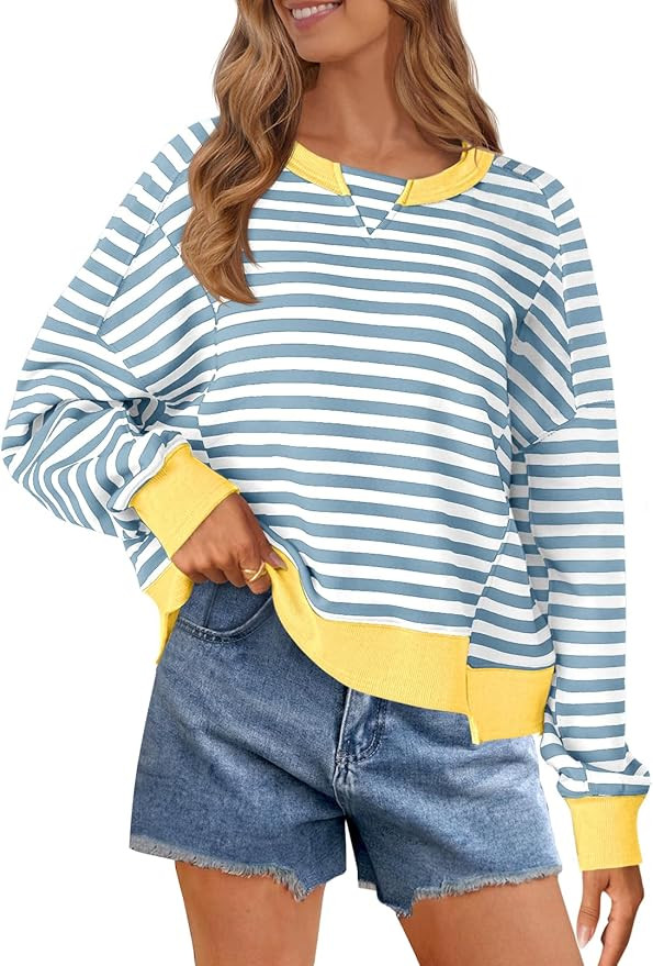 MEROKEETY Women's Striped Color Block Cropped Sweatshirts Oversized Crewneck Long Sleeve Sweater ... | Amazon (US)