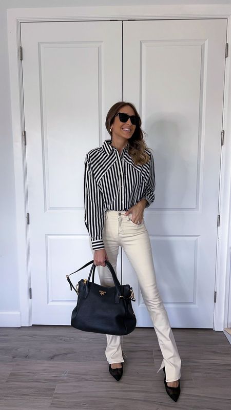 Beautiful and classy outfit idea
Loving this striped shirt 
Fits true to size 
I’m wearing a size small 

#LTKstyletip #LTKshoecrush #LTKitbag