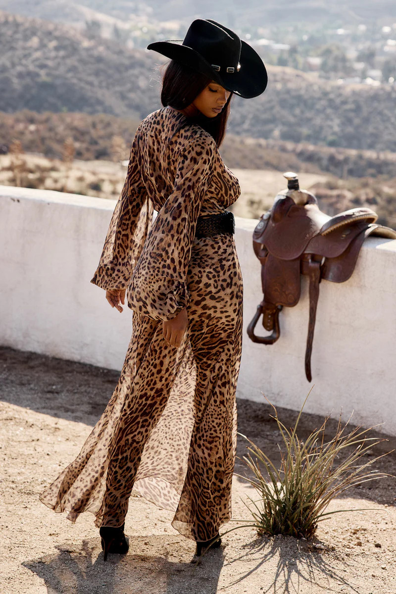 Karmen Leopard Plunge Long Sleeve Maxi Dress | 12th Tribe