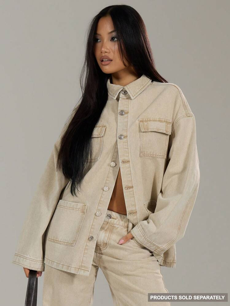 MUSERA Washed Denim Pocket Jacket Spring 90'S Y2k Summer Holiday Casual Concert Festival Holiday Back To School Streetwear Winter Nashville Back To School Office Work Chic | SHEIN