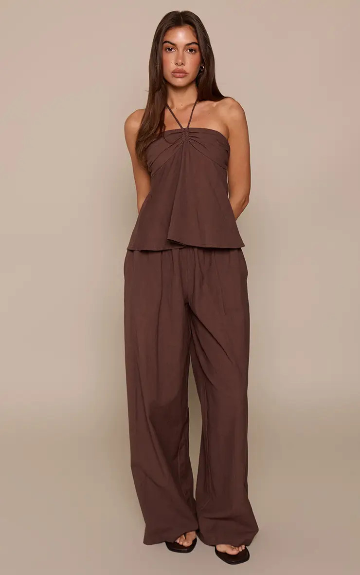 Brown Linen Shirred Waist Trousers | PrettyLittleThing US