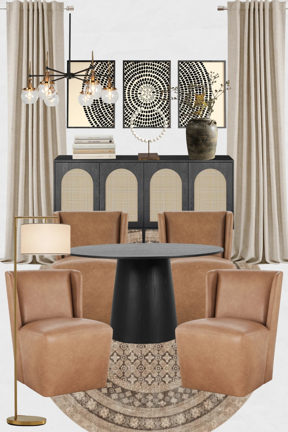 McGee-Style Dining Room Moodboard, Modern Classic Dining Room Decor, Transitional Dining Room Design Ideas, Leather Dining Chairs, Black Dining Table. Black Sideboard

#homedecor #diningroomdesign #diningroomdecor #homeinspo #cozyhome #instahome #modernhome  

 #LTKHome #LTKSaleAlert