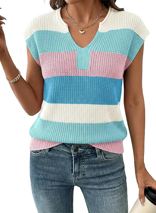 SHEWIN Womens Summer Tops V Neck Short Sleeve Sweater Striped Color Block Pullover Cap Sleeve Shi... | Amazon (US)