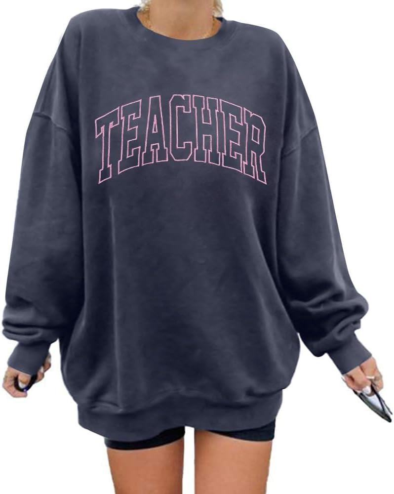 BANGELY Teacher Sweatshirt Women Oversized Retro Teach Crewneck Shirt Embroidery Teacher Life Pul... | Amazon (US)
