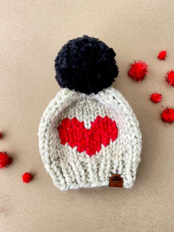 Large Heart Pom Pom Beanie  Hand Knit Valentines Heart Hat | Etsy | Etsy (US)