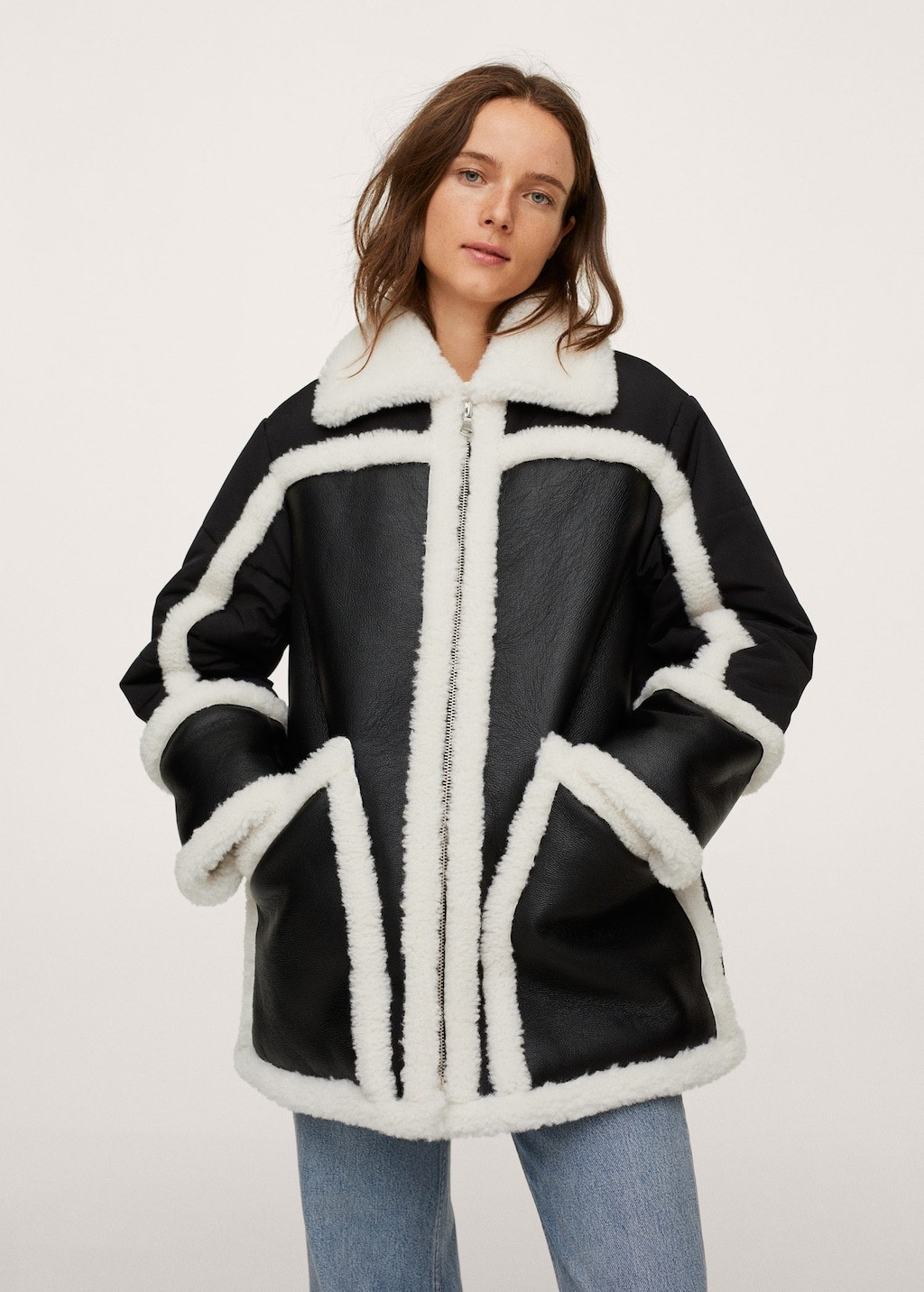 Faux-shearling leather-effect coat | MANGO (US)